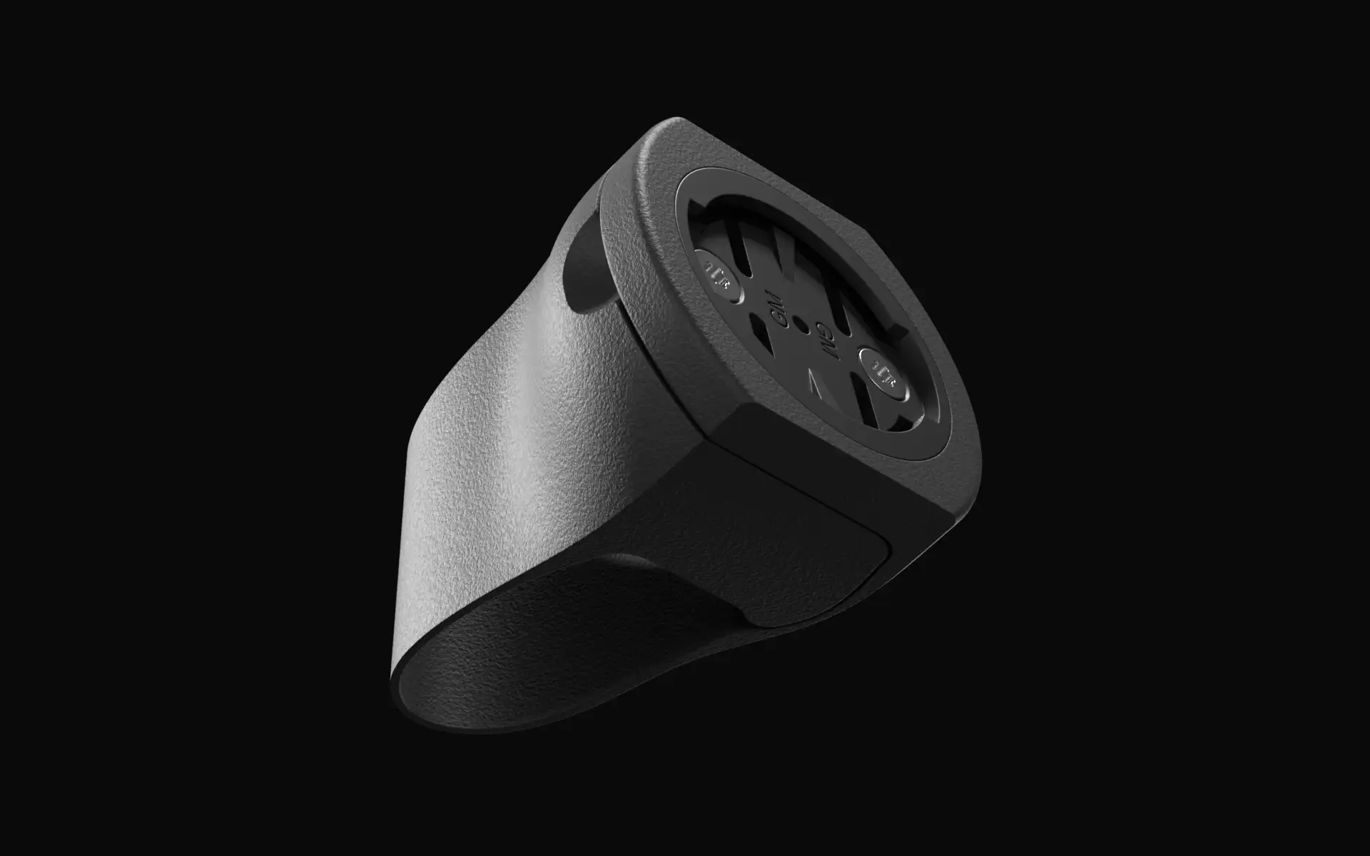 MONO-Halterung von unten gesehen, mit Garmin-Aufnahme und zwei Edelstahlschrauben, auf dunklem Grund