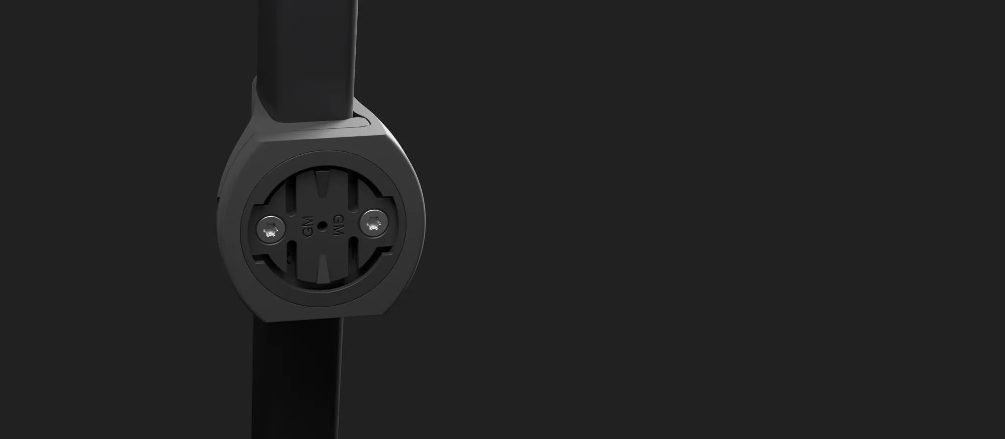 MONO for Garmin Varia in the version for the ROSE Shave FF/FFX seatpost, closed around the seatpost, front view of the quarter-turn interface, rendered from the CAD data