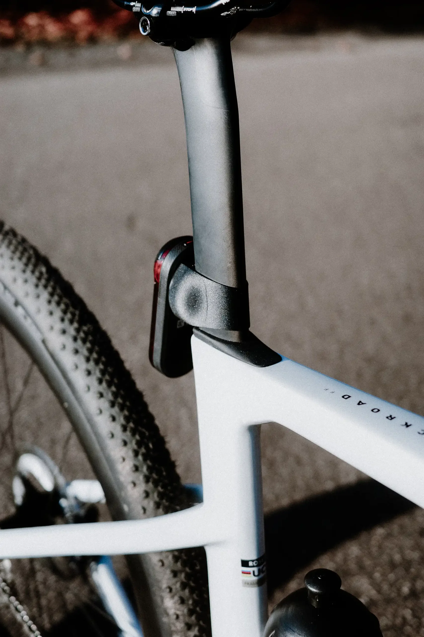 watts and grams MONO Halterung mit montiertem Garmin Varia Rücklicht ROSE Backroad FF Sattelstütze in der Rückansicht.